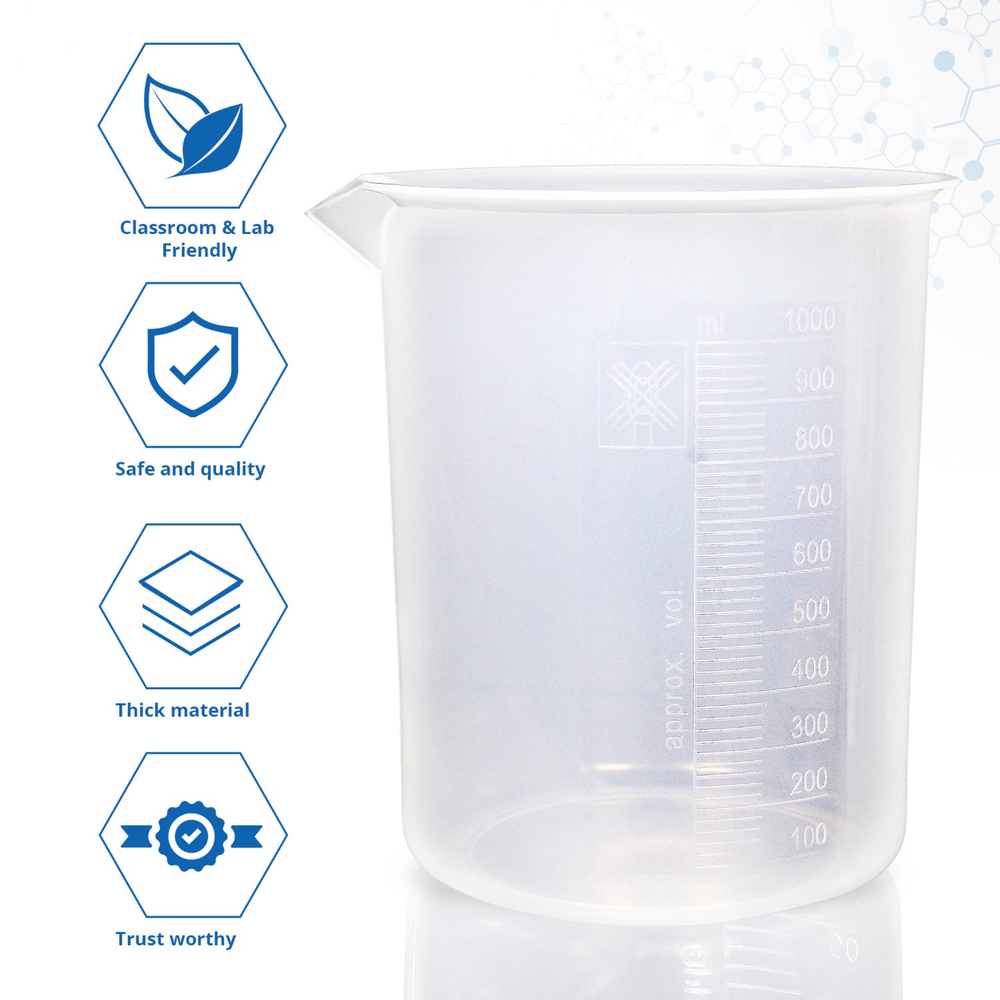 Supertek Premium Polypropylene Beaker Set | 1000ml Capacity - Pack of 6 Beakers for Laboratory, Science Experiments