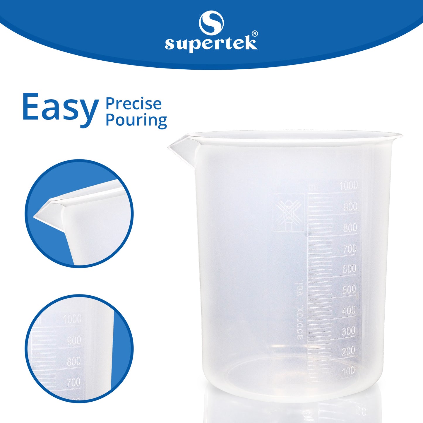 Supertek Premium Polypropylene Beaker Set | 1000ml Capacity - Pack of 6 Beakers for Laboratory, Science Experiments