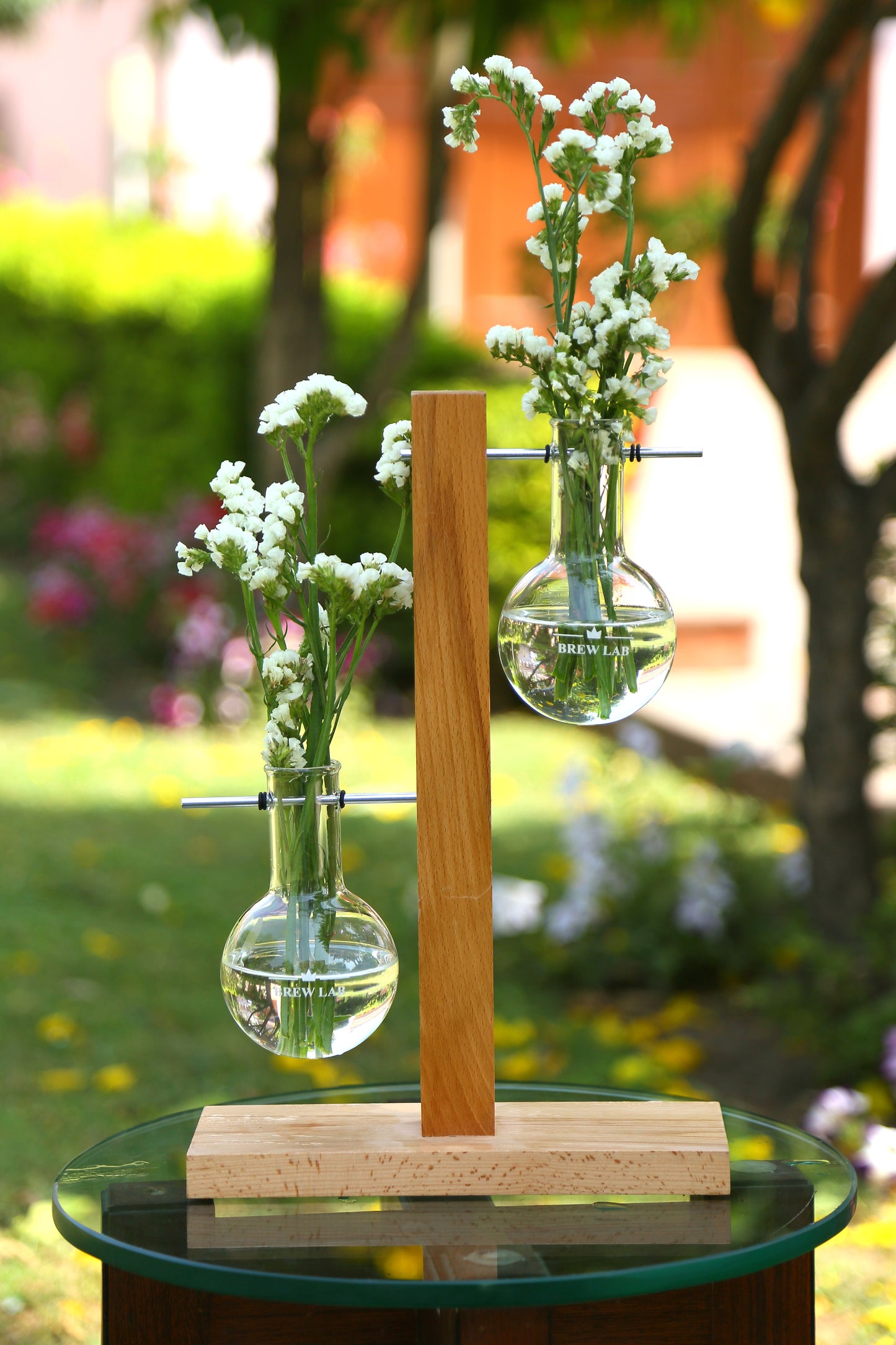 Brew Lab - Wooden Flask Planter with Round Bottom Flask (Double)