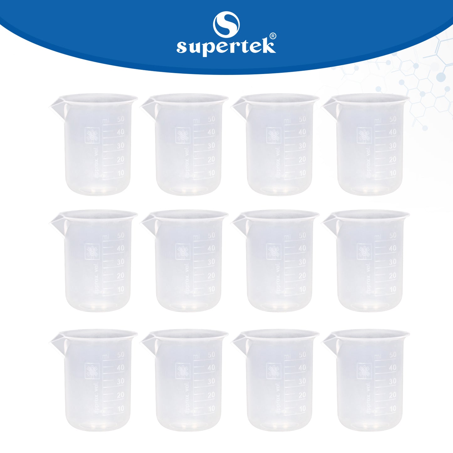Supertek Beaker, Polypropylene 50 ml (12 beakers per Package)