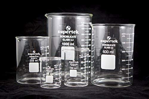 Multiple Capacity Borosilicate Glass Beaker, Low Form Griffin Thick Wall Accurate Measuring Beakers Set of 5 (50, 100, 250, 600 and 1000ml)