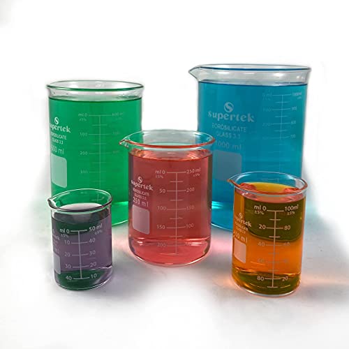 Multiple Capacity Borosilicate Glass Beaker, Low Form Griffin Thick Wall Accurate Measuring Beakers Set of 5 (50, 100, 250, 600 and 1000ml)